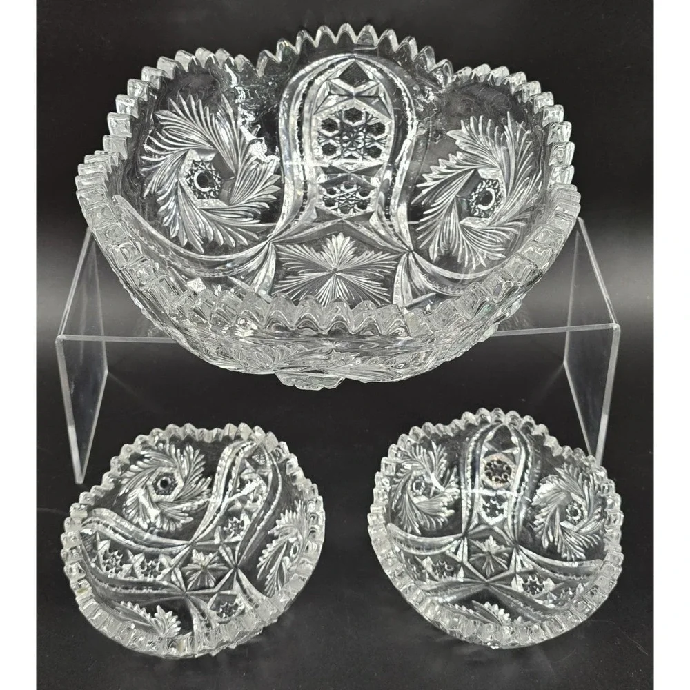 Set of 3 Antique McKee Glass Pres Cut‎ Crystal Bowls WILTEC Pattern 1913 8.5